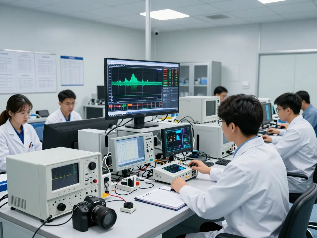 Engineers conducting RF testing in a high-tech lab with advanced equipment and analysis screens.