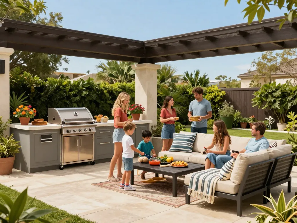 Family enjoying a day in their backyard with an outdoor living configurator designed space.