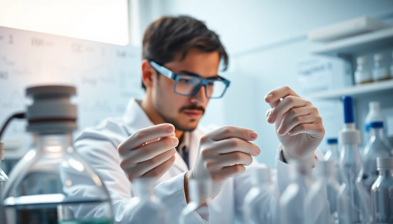 Scientist in a lab analyzing peptides at https://hydroresearchpeptides.com/ with vibrant lighting and equipment.
