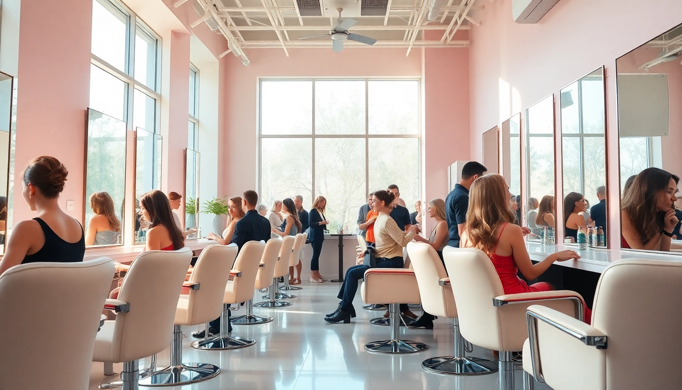 Best salons in city showcasing luxury interior, stylish salon chairs, and happy clients with professional stylists.