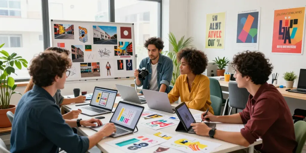 Creative team brainstorming innovative designs for rokok88 merchandise, showcasing vibrant artwork and digital tools in a dynamic workspace.