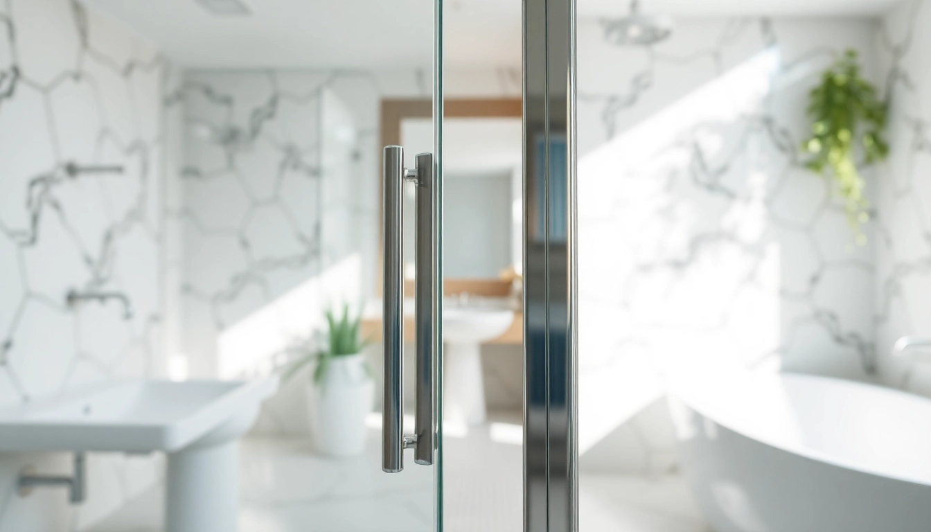 Feature modern shower doors sliding amidst a stylish bathroom setting, emphasizing elegance and design.