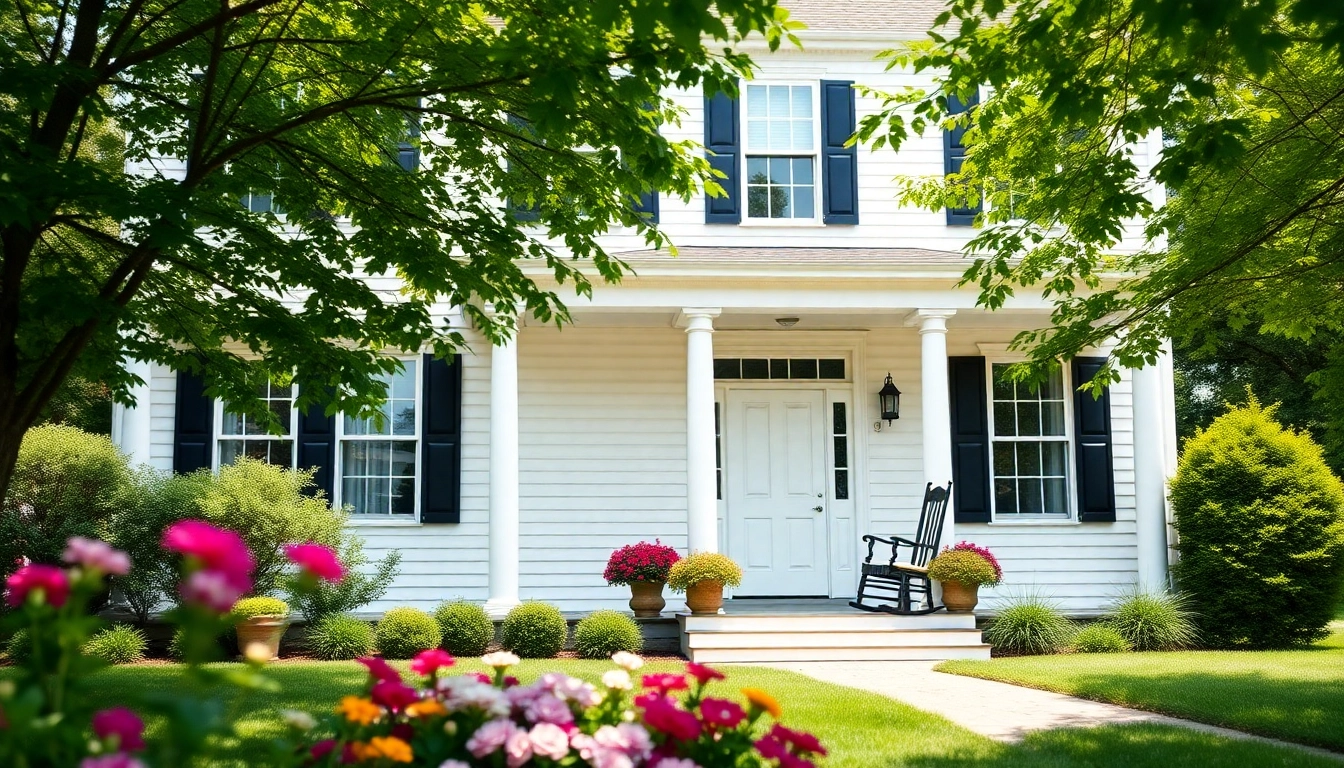 Stunning colonial home renovation showcasing elegant exterior updates and inviting front porch.
