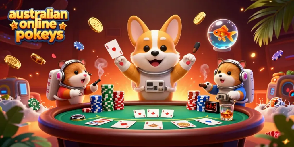 Experience the excitement of australian online pokies with a vibrant 3D cartoon scene showcasing a floating casino adventure.