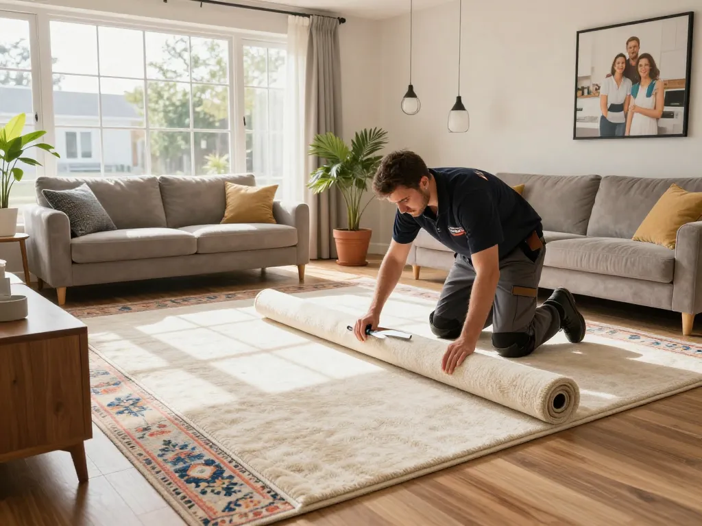 Professional carpet fitters near me installing plush carpet in a bright living room.