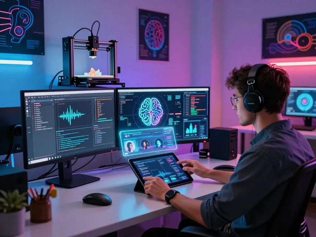 Developer optimizing mind control ai features in a high-tech creative studio with holographic displays and advanced technology