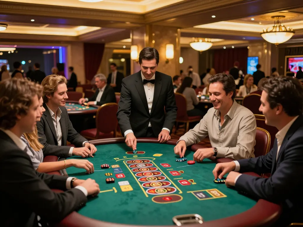 Join the excitement at the man club casino as friends strategize around poker tables.