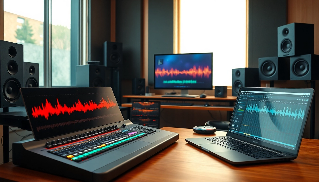 Engaging online mastering workspace showcasing a mixing console and audio software.