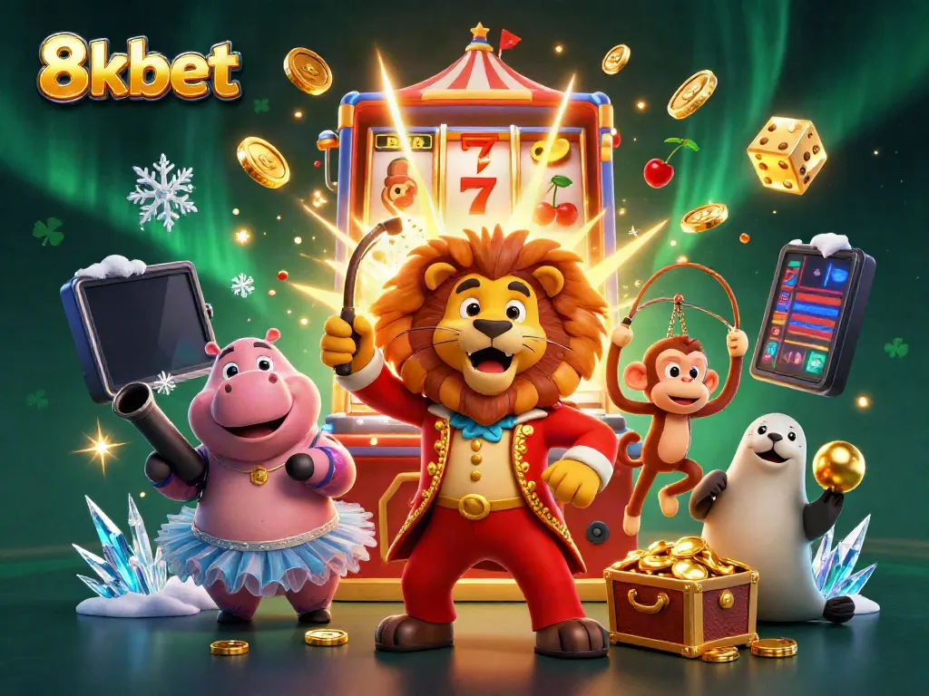 Experience the thrill of winning with 8xbet in an exciting 3D circus-themed casino illustration.