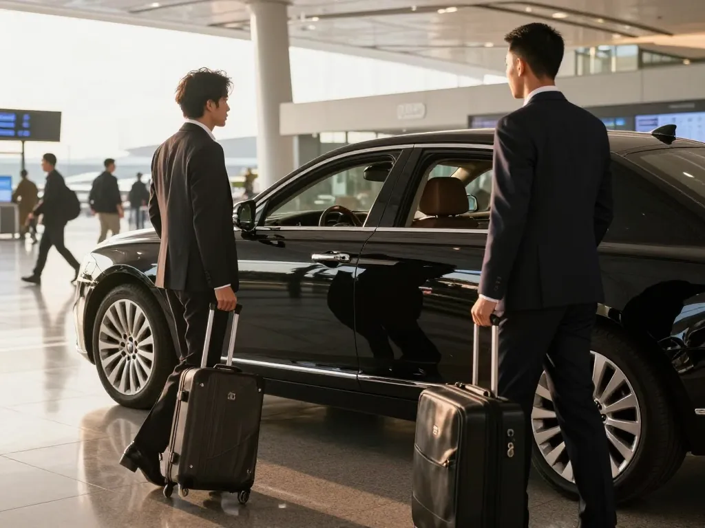 Chicago airport limo service with a chauffeur welcoming a client at the terminal.