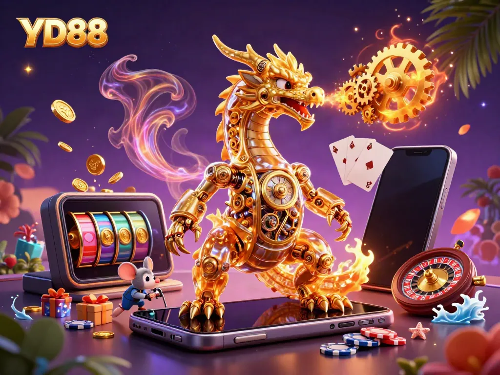 Engage with the YD88 online casino experience featuring a golden dragon and vibrant gaming elements.