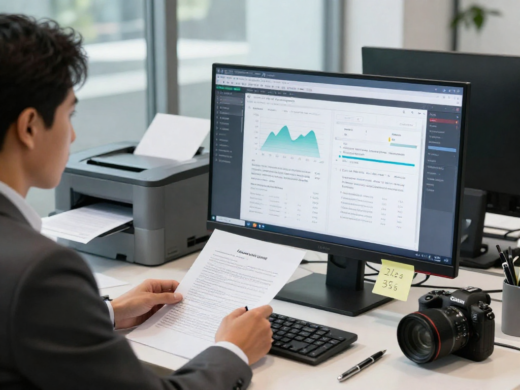 Compliance analyst using document fraud detection software in a modern office setting, showcasing security measures and risk assessment tools.