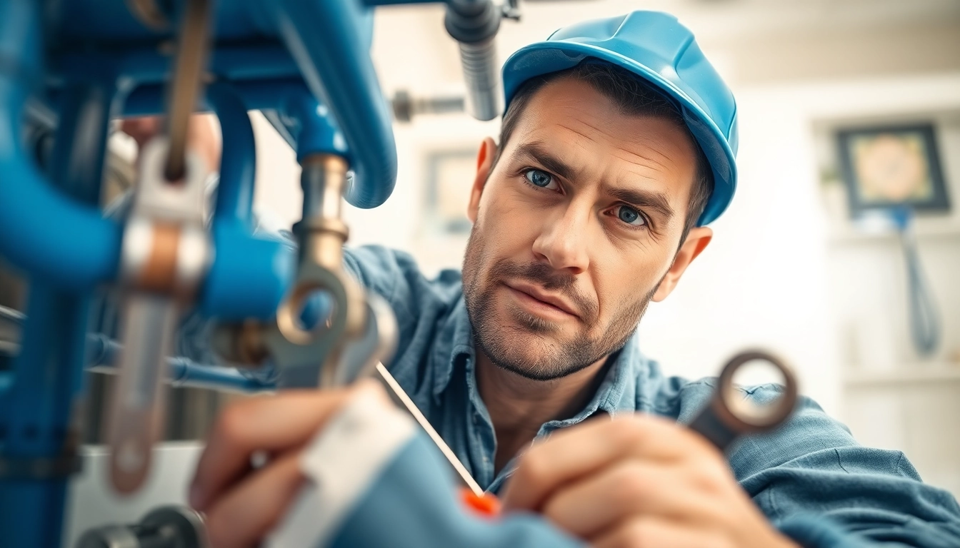 Skilled professional performing plumbing apprenticeship tasks in a bright bathroom setting.