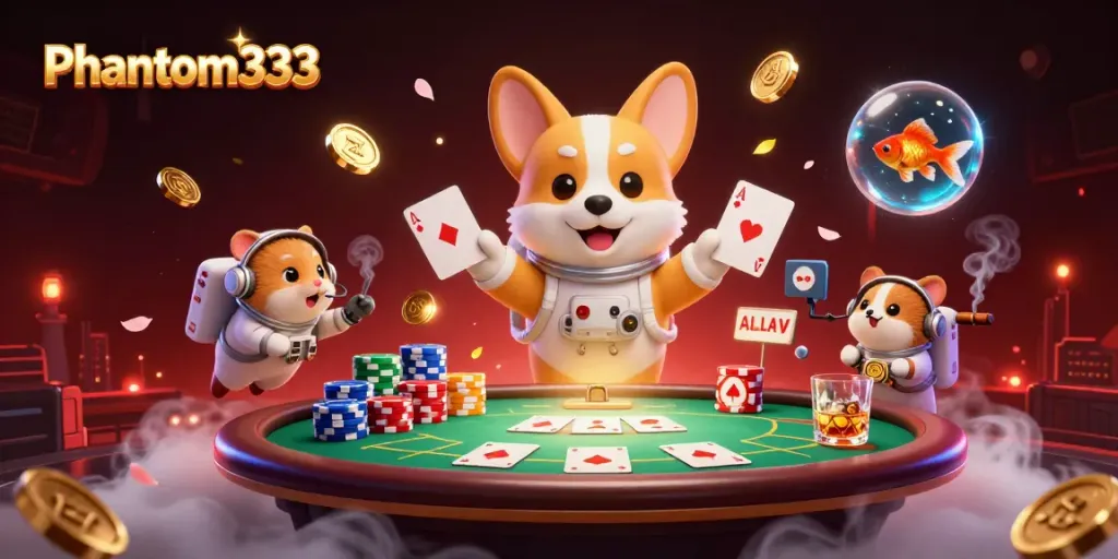 Engage with Phantom333 in a vibrant space casino filled with colorful poker elements.