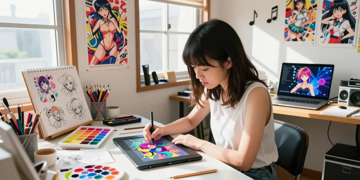 Artist illustrating dynamic ecchi characters in a vibrant studio.