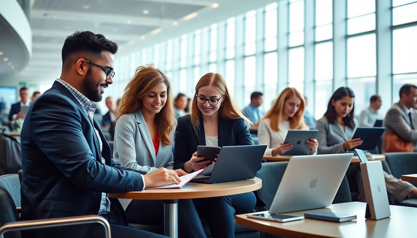 Travelers completing their uk eta online application at a modern airport lounge.