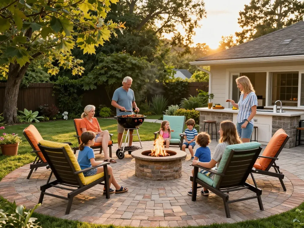 Family enjoying summer evening on a beautiful brick paver patio near me, complete with grill and fire pit.