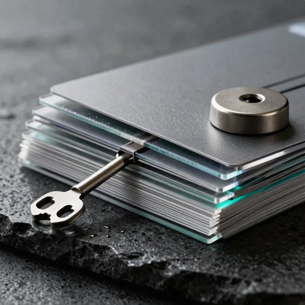 Macro of translucent analytics tabs on wet basalt with a pewter weight and teal rim light.
