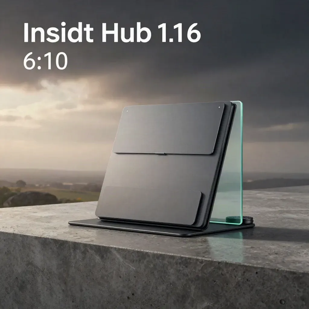 Insight Hub dashboard stack on wet stone with teal accents, misty rain light, and dark gradient backdrop