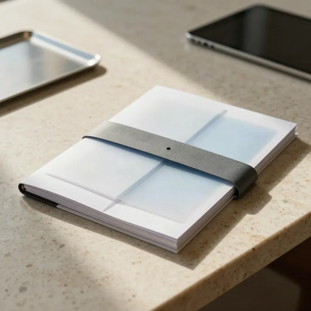 Quarterly KPI pack on travertine with translucent sleeves and sky-blue accents in soft daylight.
