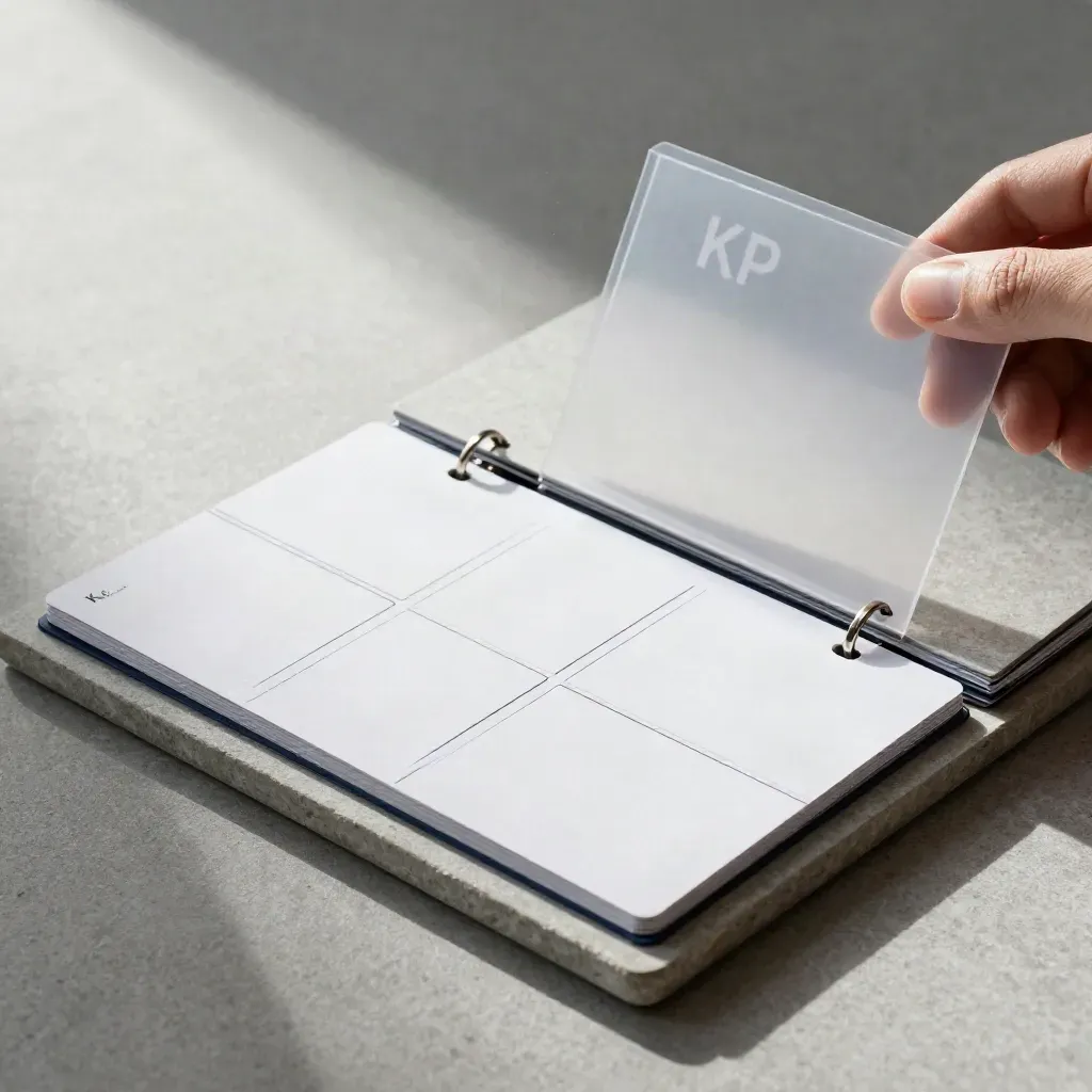 Unbranded KPI board pack cards, booklet and sleeve on pale stone in soft raking light.