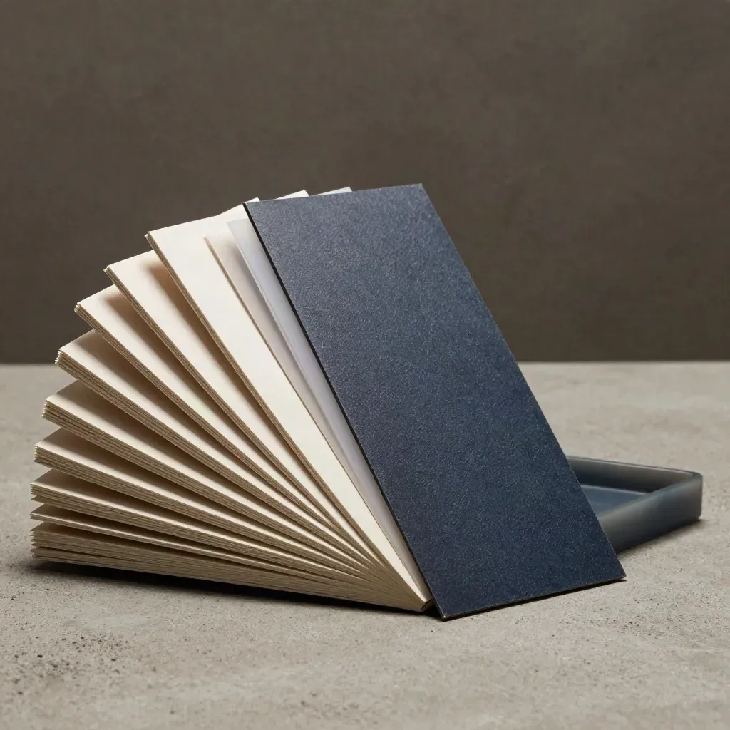 Modular report kit fanned on concrete beside a navy resin tray, softly lit.