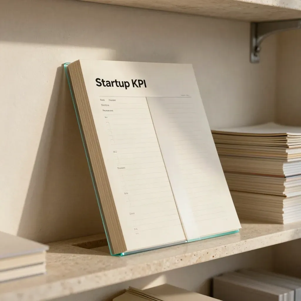 Pale recycled-paper KPI sheets leaning in a travertine slot with a translucent divider and teal edge.