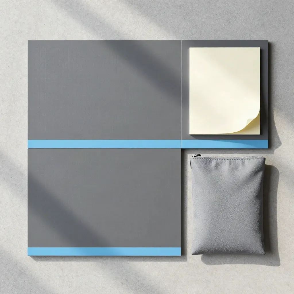 Overhead flatlay of modular insight boards, a folded note card, and a grey pouch on stone.