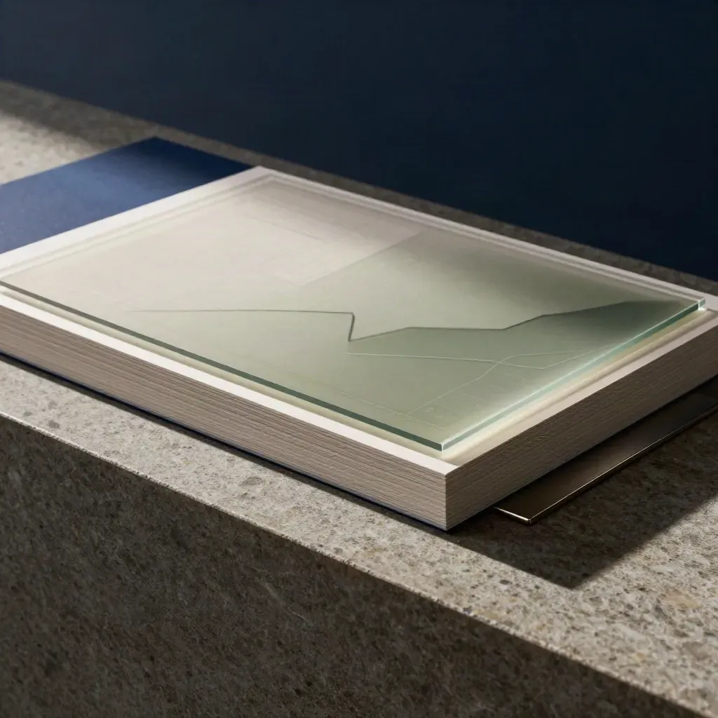Smoked acrylic over layered analytics sheets on slate in moody studio light.