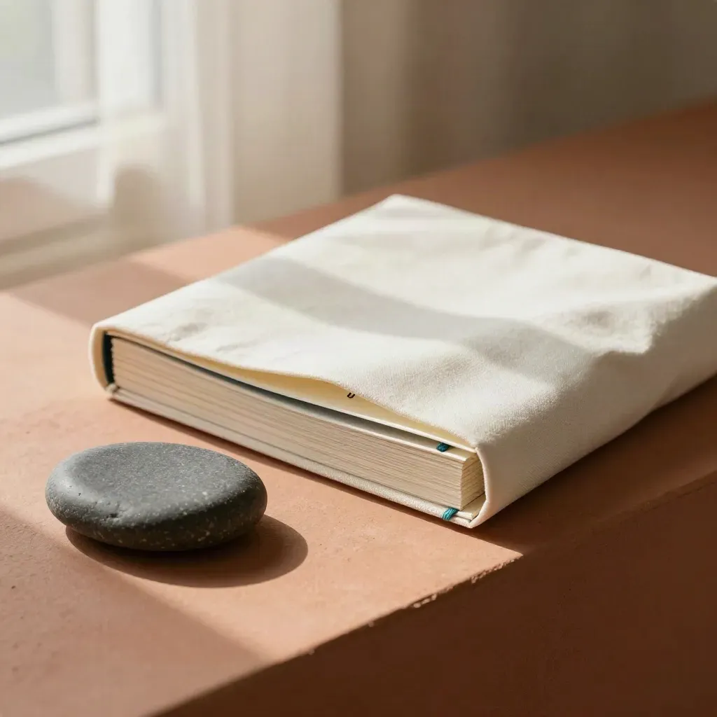 Cloth-wrapped survey summary deck beside graphite stone on terracotta plaster in soft window light.