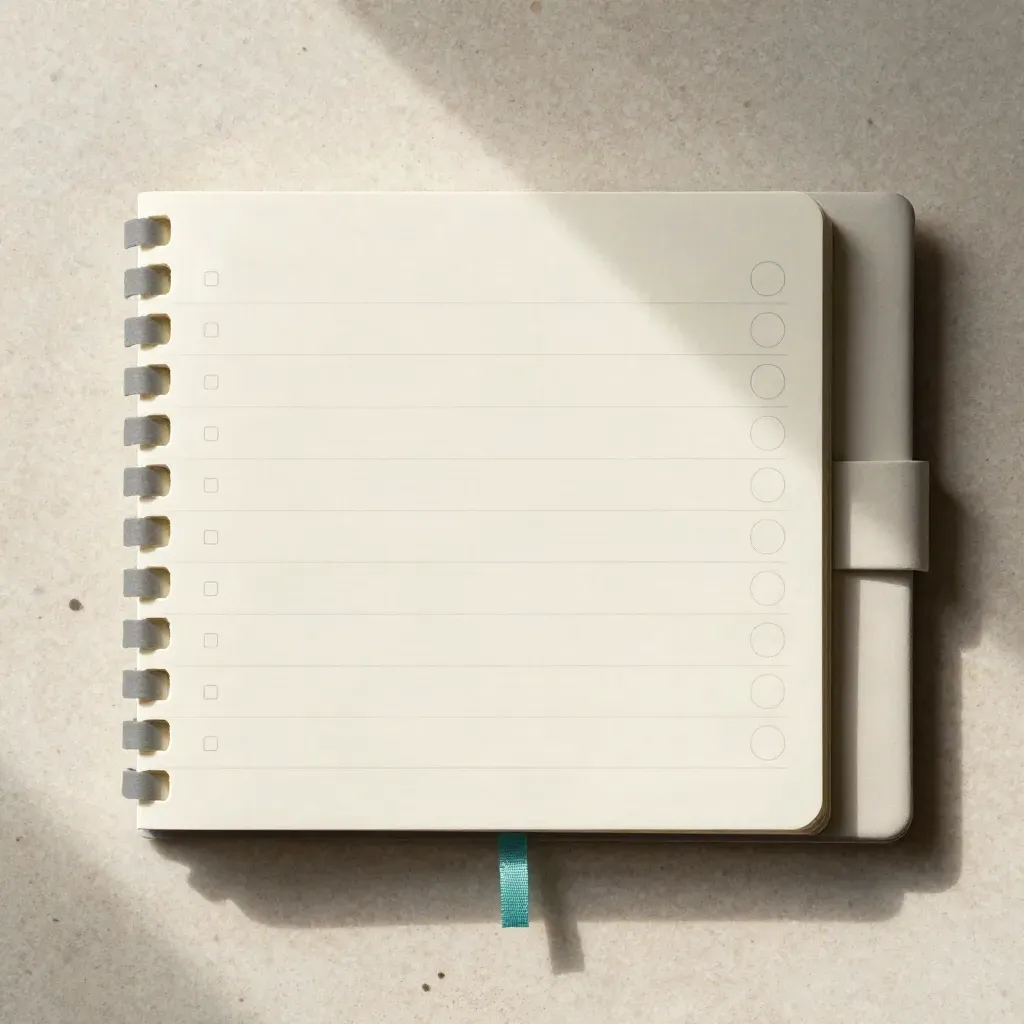 Overhead flatlay of a weekly KPI planner set with staggered tabs and a matching sleeve on travertine.