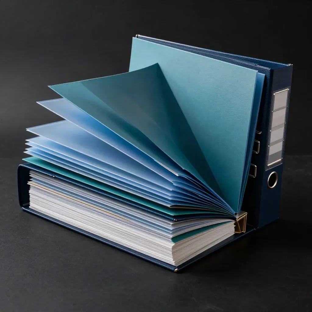 Glossy teal reporting bundle bursting open on a matte-black studio surface.