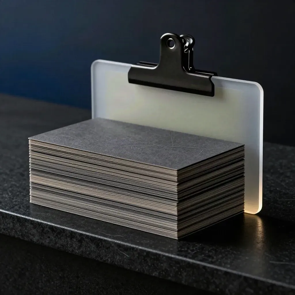 Six market-insight cards stacked by a divider with one card sliding out in a dark studio.
