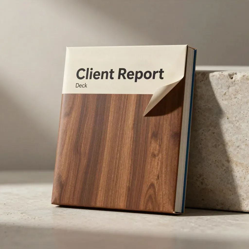 Matte paperboard report deck pack with lifted corner against stone, lit by raking side light