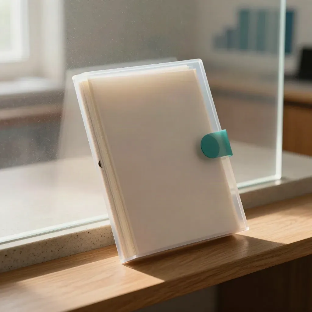 Translucent churn tracker binder with pale inserts and teal marker disk on a stone shelf.