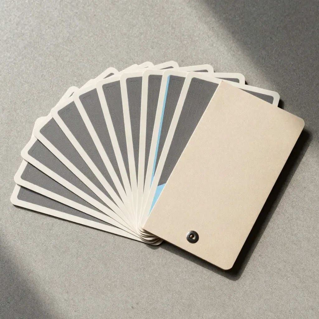 Twelve fanned sales snapshot cards with a sleeve and metal fastener on concrete overhead.