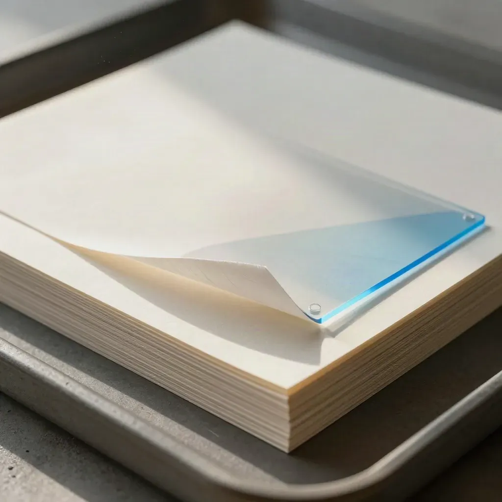 Macro of a recycled-paper survey chart stack with a lifting translucent overlay and sky-blue divider