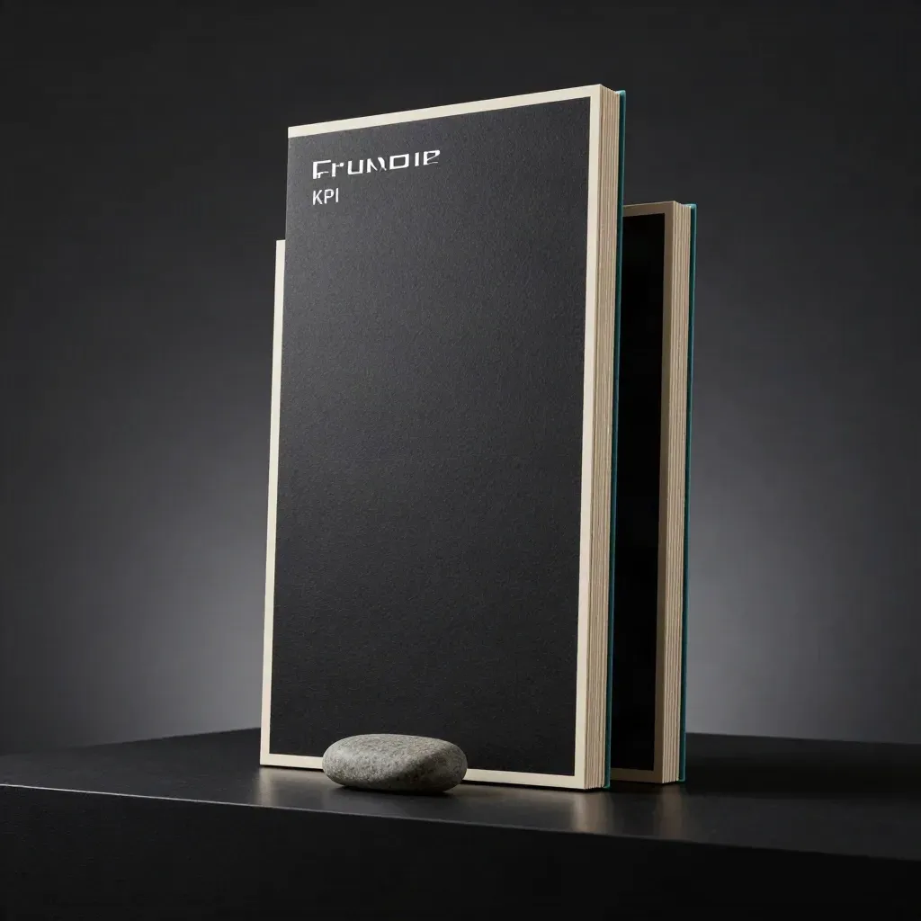 Three-panel KPI board kit with stone paperweight in a dark studio