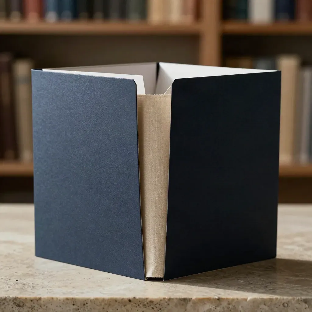 Low-angle macro of a navy insight folder with inserts on limestone, softly lit.