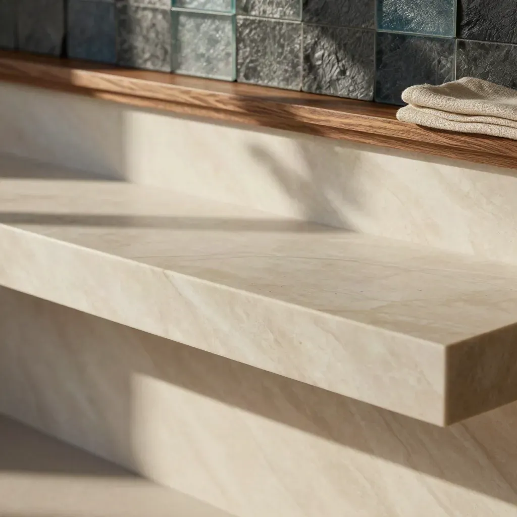Marble bench with slate forms, walnut edge, and a soft plant shadow in hazy studio light.