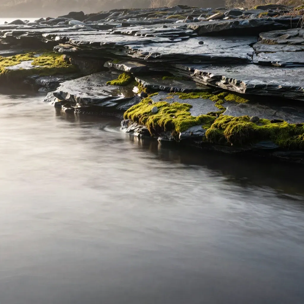 Mossy slate riverbank above calm misty water under a soft overcast horizon