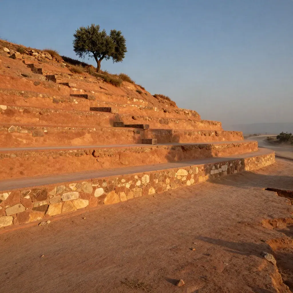 Terracotta hillside terrace at golden hour with an olive silhouette and open hazy foreground.