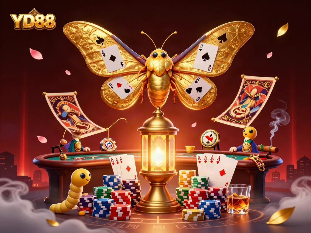 Experience the thrill of YD88 with vibrant casino scenes featuring a majestic moth and poker elements.