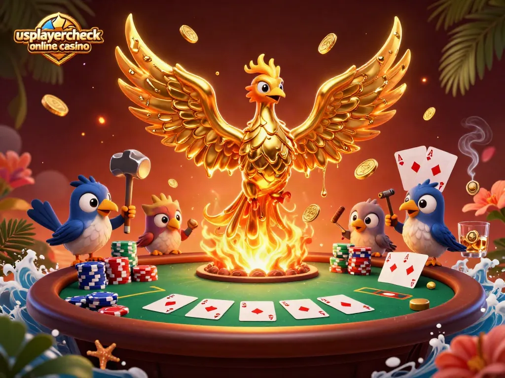 Engage with usplayercheck online casino, showcasing a vibrant 3D scene of a golden phoenix and poker elements.