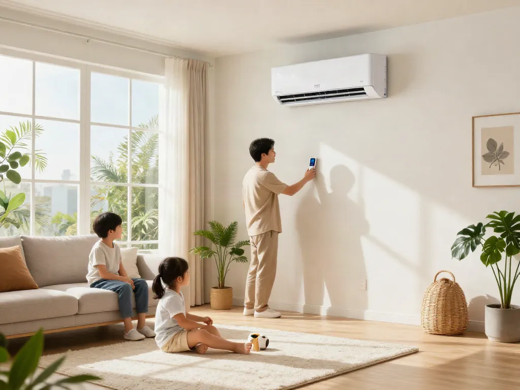 Comfortable living room featuring a 2400 btu mini split air conditioner during summer with a family enjoying the space