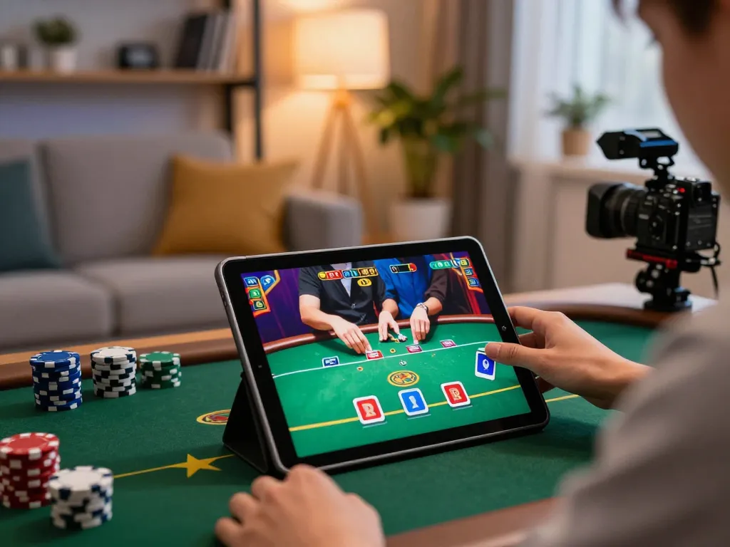 88xeng player engaging in online casino strategy with poker on tablet in cozy home