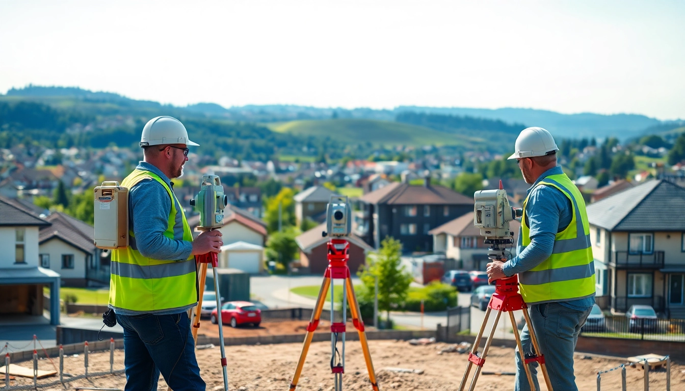 Measured building surveys Surrey with professional surveyors using advanced tools in a scenic landscape.