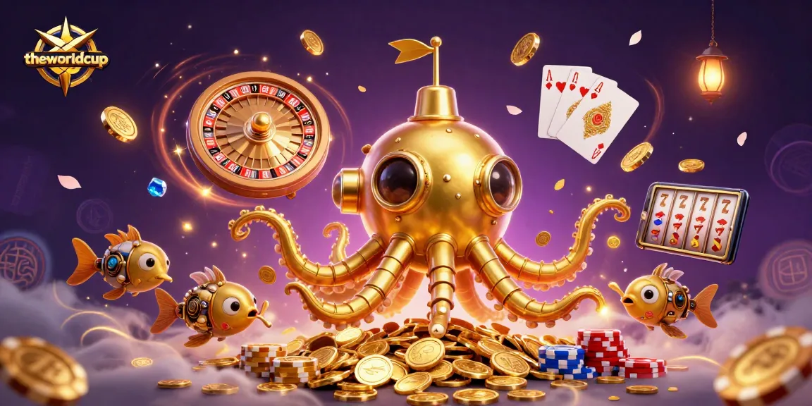 Experience the excitement of theworldcup with a vibrant scene of a golden kraken submarine amidst casino elements.