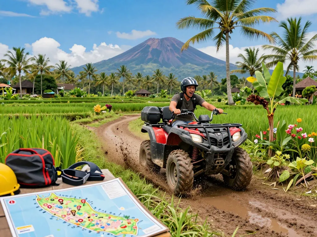 Bali tour adventure featuring a traveler on an ATV through lush rice fields, highlighting vibrant natural beauty.