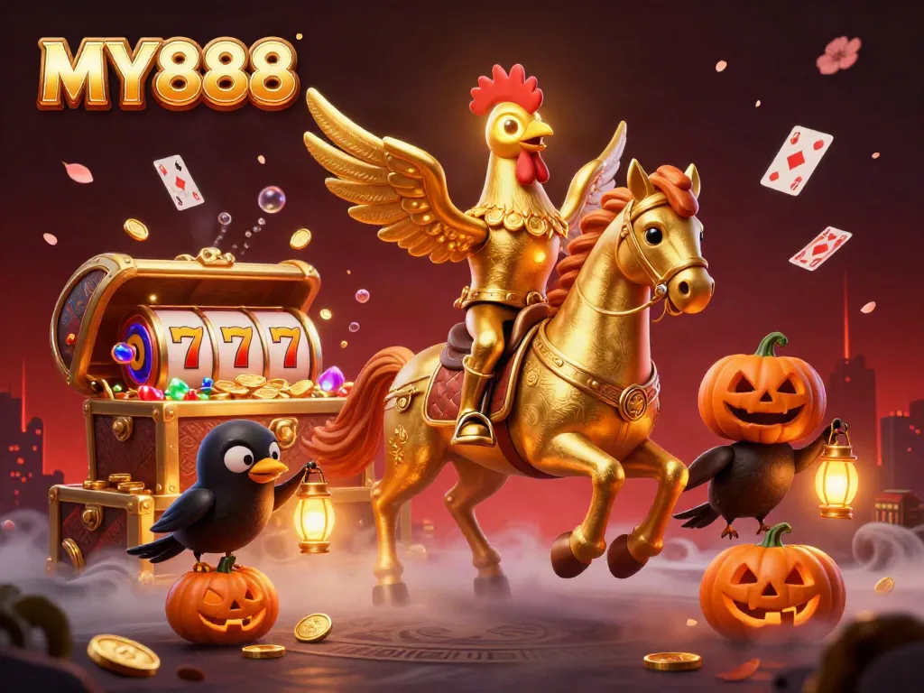 Engage in thrilling gaming at MY888 with a golden rooster riding through a vibrant midnight casino.